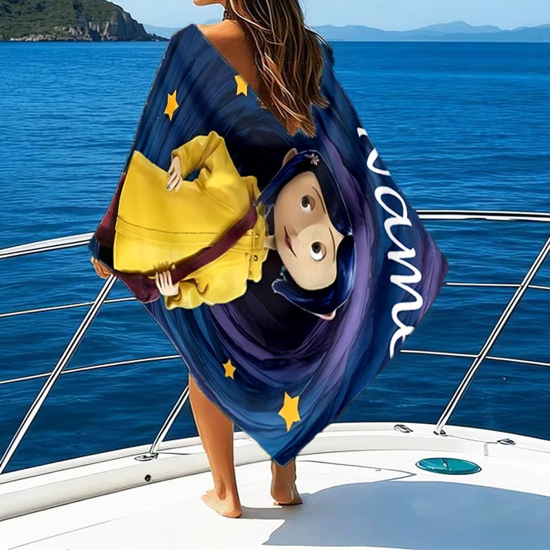 1pc Coraline1 Beach Towel with Custom Name, Beach/Swimming/Bath/Picnic/Camping Towel, Suitable for Seaside Beaches