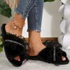 Fashion Mesh Faux Fur Cotton Slippers for Women All Match Crystal Detor Fur Slippers Woman Winter Cross Strap Indoor Cotton Slides Lady