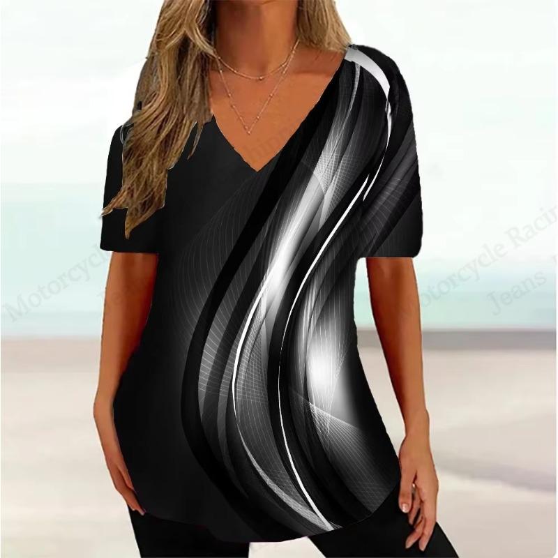 Gestreiftes 3D-Druck T-Shirt Damenmode V-Ausschnitt Kurzarm Einfaches T-Shirt Sommer Casual Übergröße Oberteile Tees Damenbekleidung