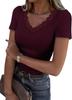 Women Lace V Neck Short Sleeve Fitted Solid T Shirt