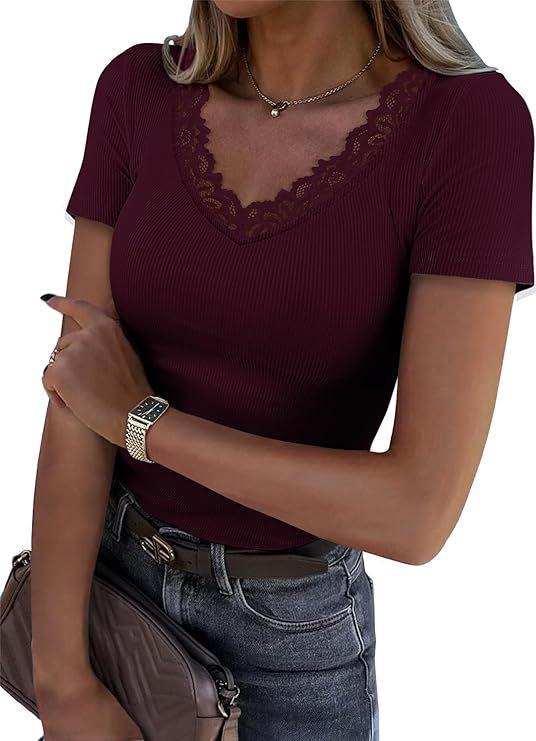 Women Lace V Neck Short Sleeve Fitted Solid T Shirt