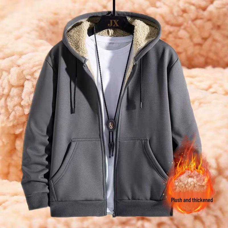 Men's Lambskin Heavyweight Hooded Cardigan: Black Plus Velvet Thickened Sweatshirt for Autumn/Winter.