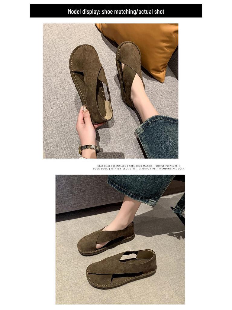 2024 Sommar Mjukt Läder Dam Rund Tå Slip-on Fiskarsandaler, Retrostil, Plusstorlek Finns