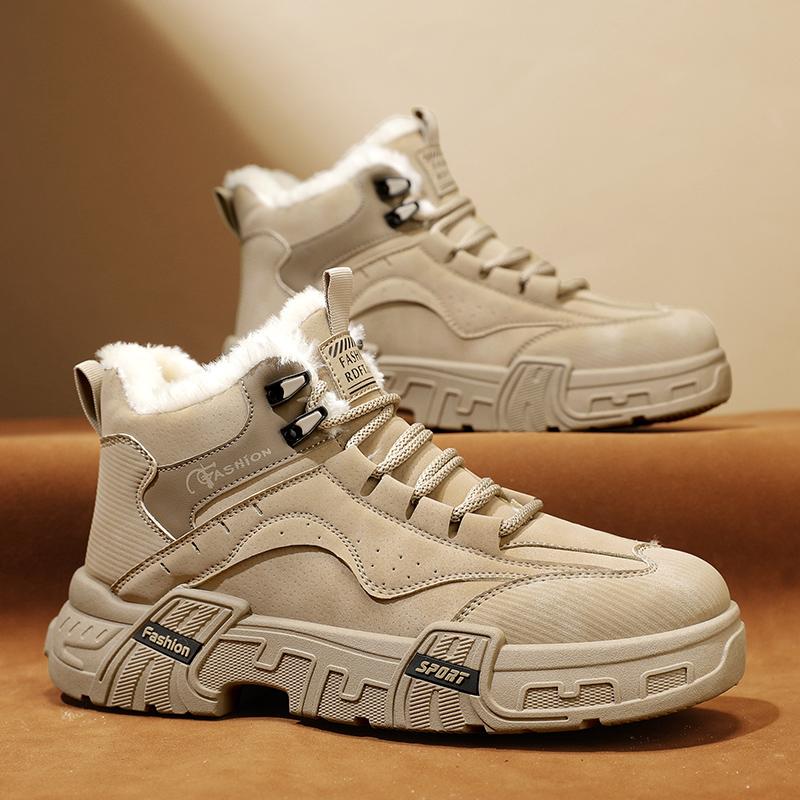 Padded Thickened Waterproof Casual Men's Sneakers Outdoor Hiking Shoe New Fashion Men's Winter Plush Shoes PU Leather Snow Boots