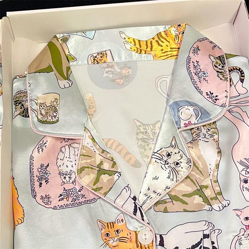 Cute Cat Ice Silk Pajamas Women'S Summer Short-Sleeved Shorts Loungewear Two-Piece Suit Can Be Worn Outside