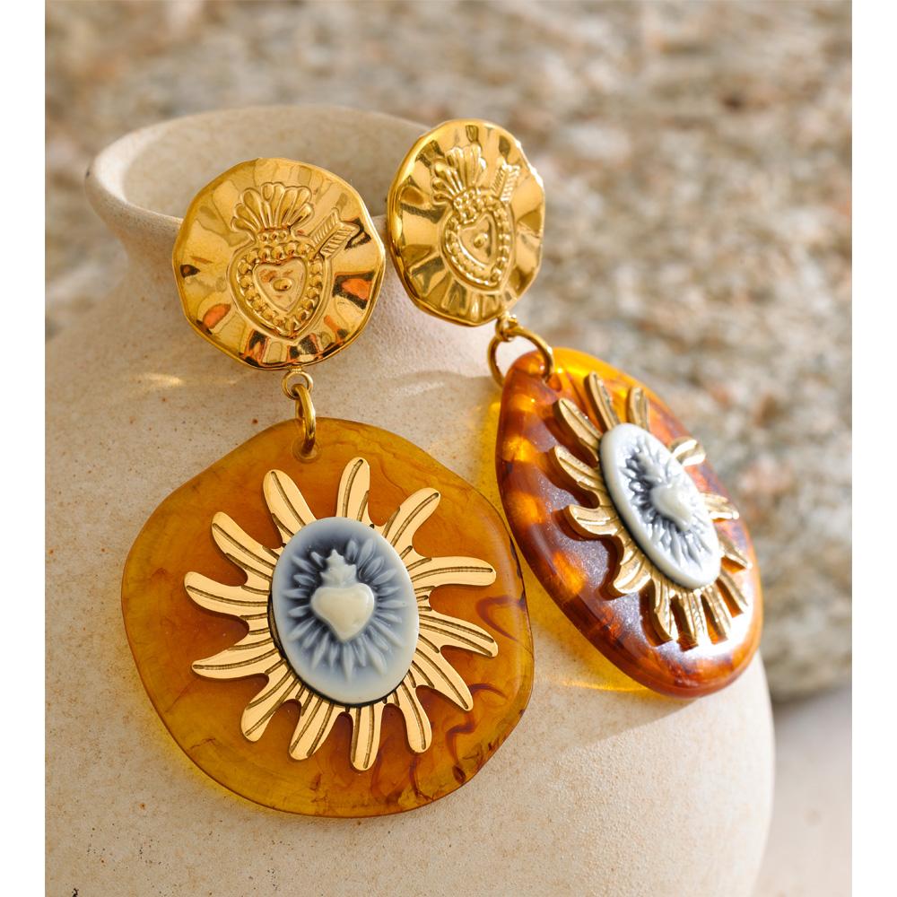 Eetit Exclusive Design Amber Resin Round Sun Pendant Drop Earrings Arrivals Stainless Steel Golden Fashion Jewelry Waterproof