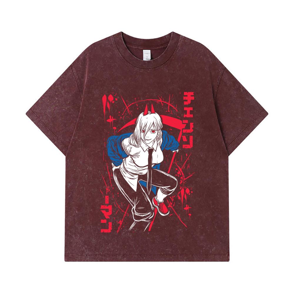 GSM Washed Tshirts Cotton Chainsaw Man V Power Print Unisex Heavy Cotton T Shirt S
