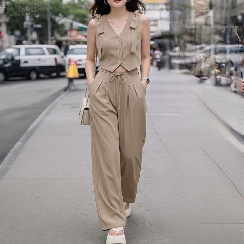 ZANZEA Women Sleeveless Blouse and Long Pants Summer Two Piece Suit Sets