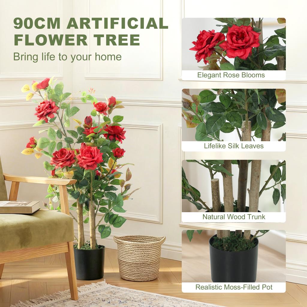 90cm Artificial Rose Tree Decorative Fake Plant With 344 Silk Leaves 17 Flowers For Outdoor Indoor Decor Red