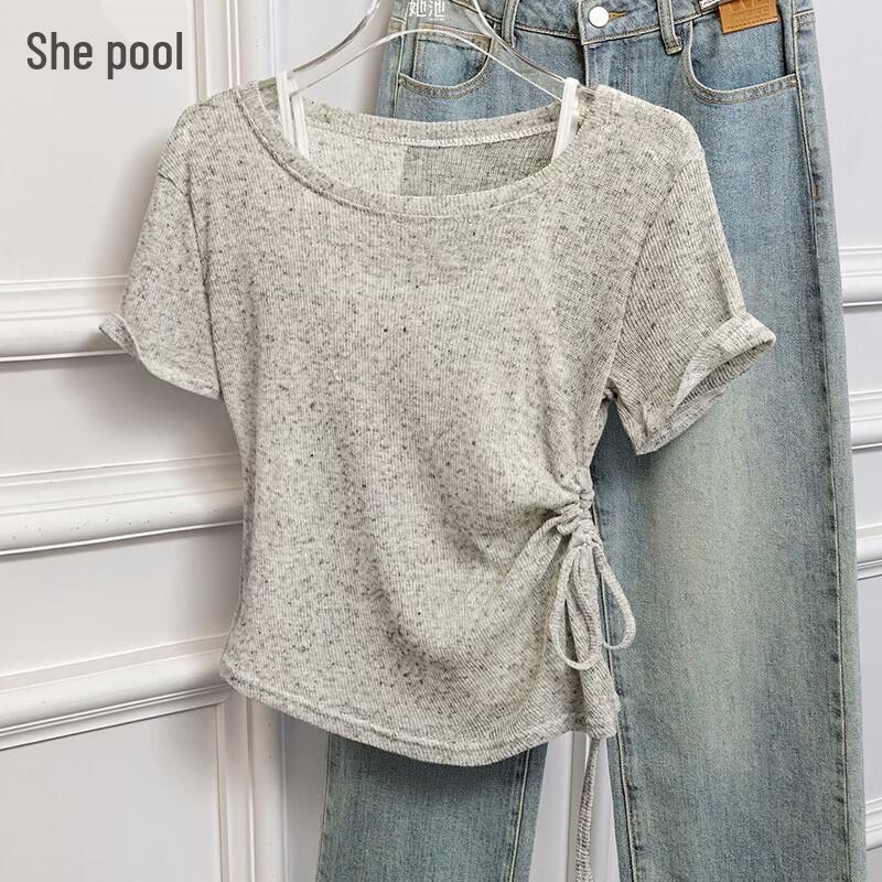 Women s Slim Fit Linen Blend Drawstring Short Sleeve T-Shirt One Size