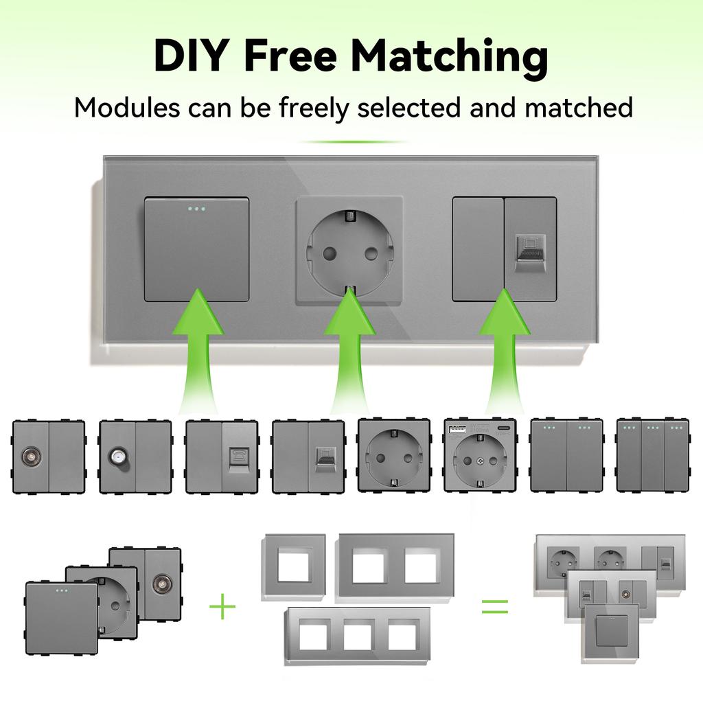 BSEED Mechanical Button Switches TV ST RJ45 Internet CAT5/6 Sockets EU French USB-C Wall Power Socket Glass Frames DIY Parts