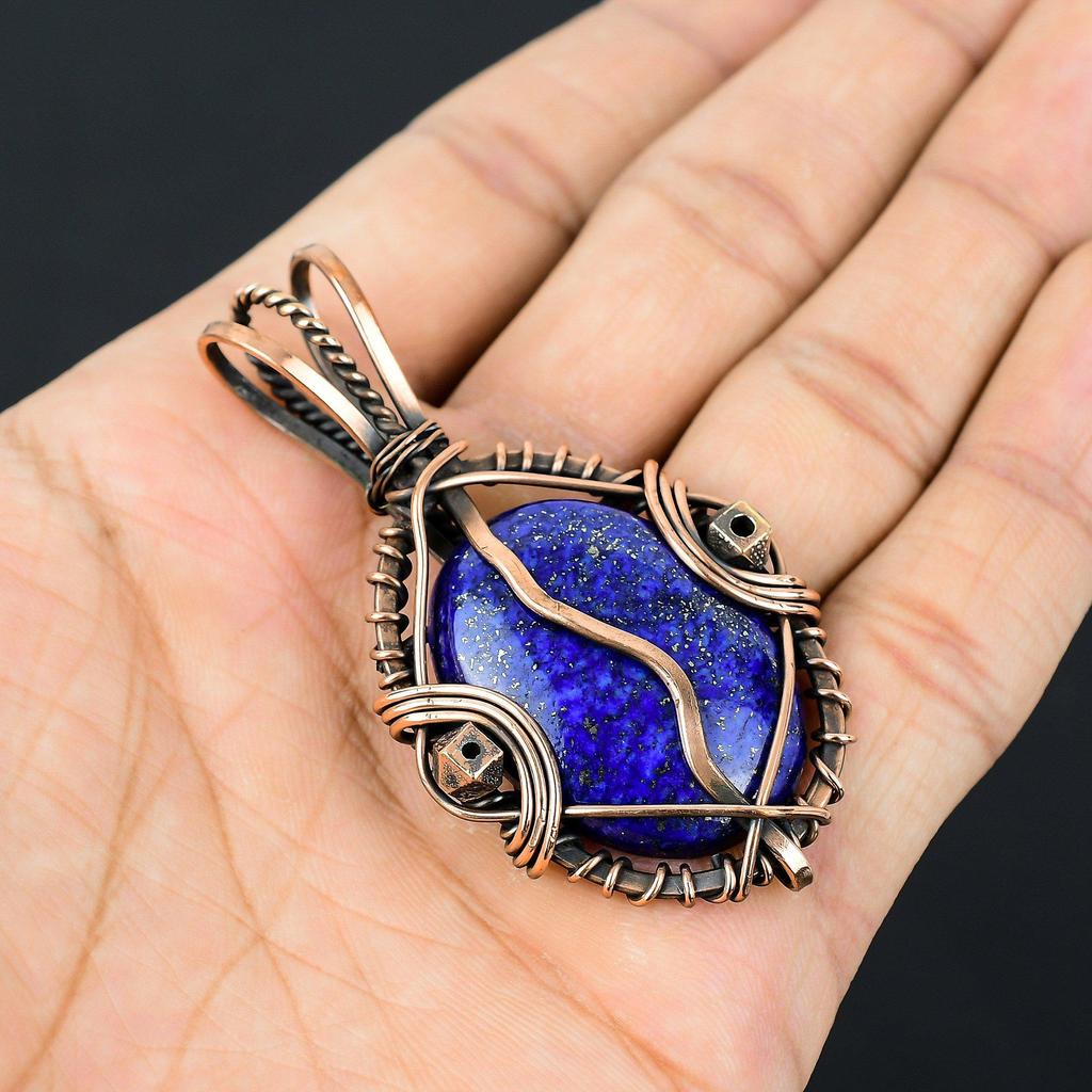 Lapis Lazuli Pendant Handmade Gemstone Jewelry, 999 Copper Wire Wrapped Pendant ,Unique Design Jewelry Pendant