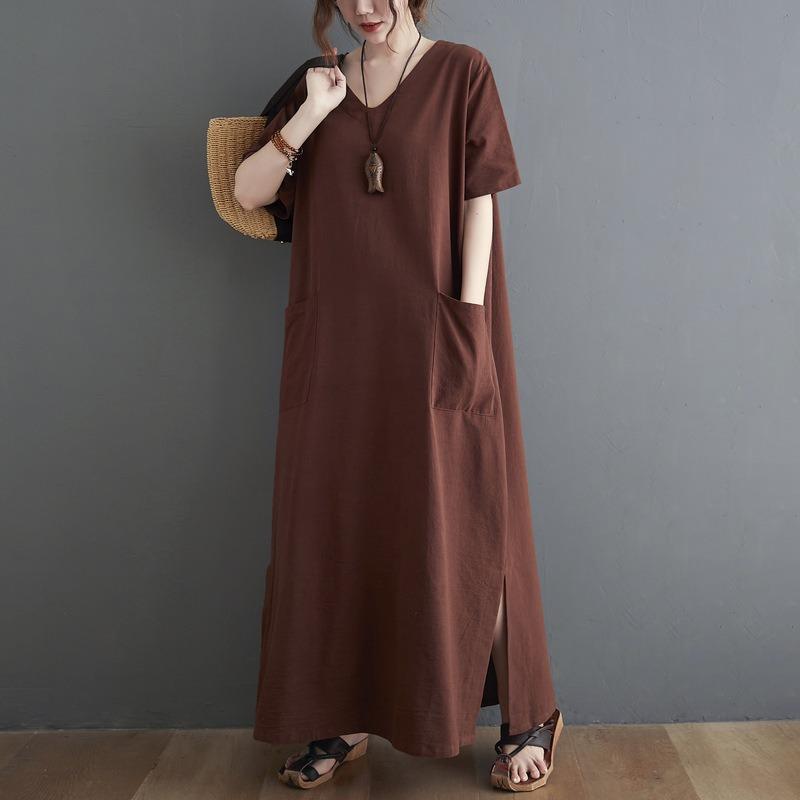 Real Summer New Literary Large Size Loose Solid Color V-neck Short-sleeved Dress Women's Long Dress