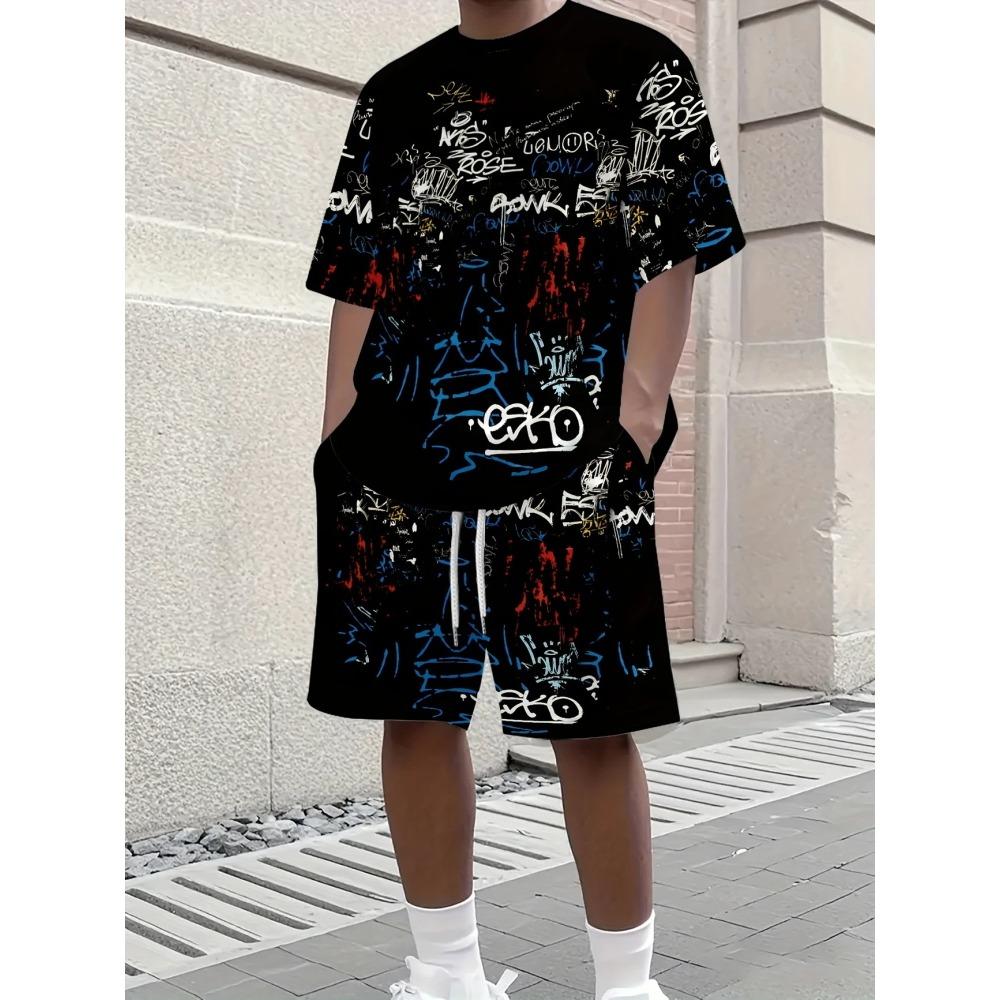 

Men s Summer Casual Suit Creative Unique Letter-printed Outdoor Street Fashion Short Sleeve Top And Shorts Two-piece Set 6XL