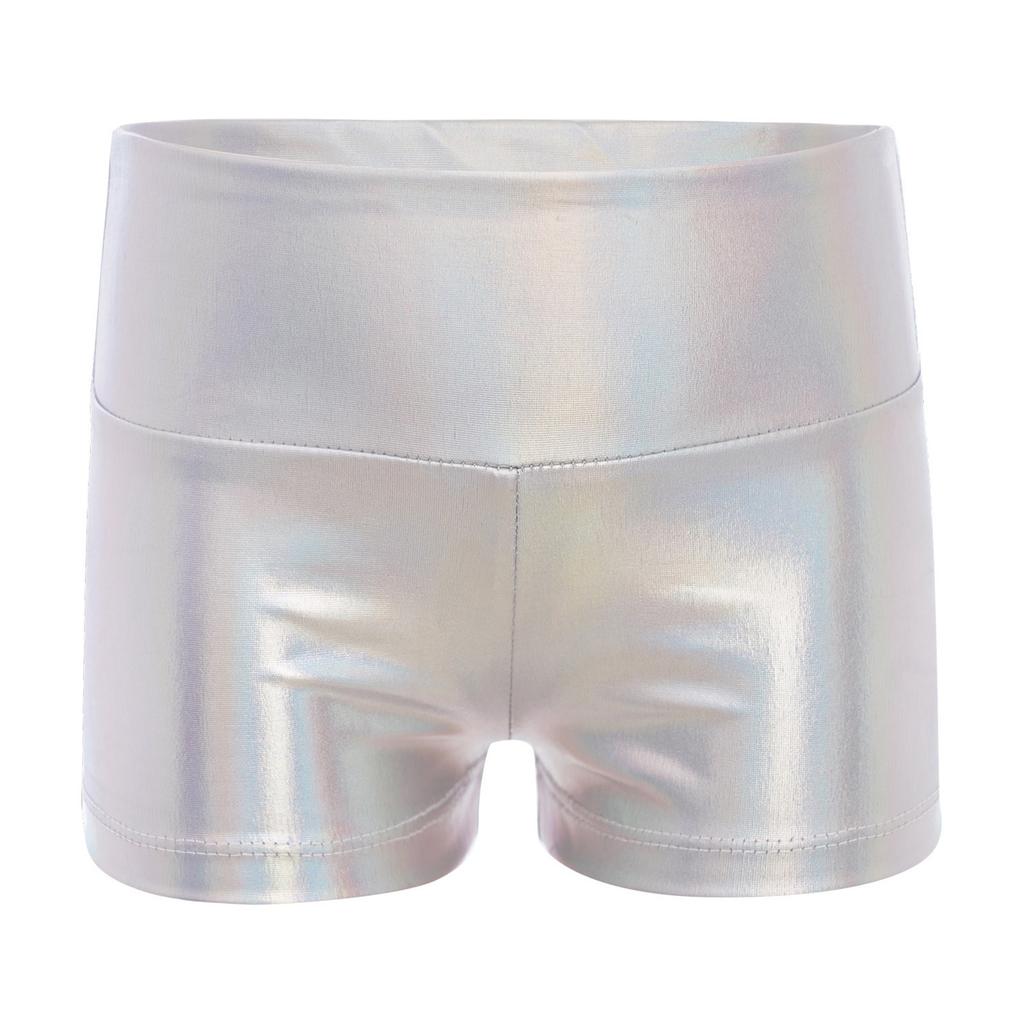 Solid Color Kids Girls Sports Gymnastic Active Wear Metallic Shiny High Waist Dance Shorts