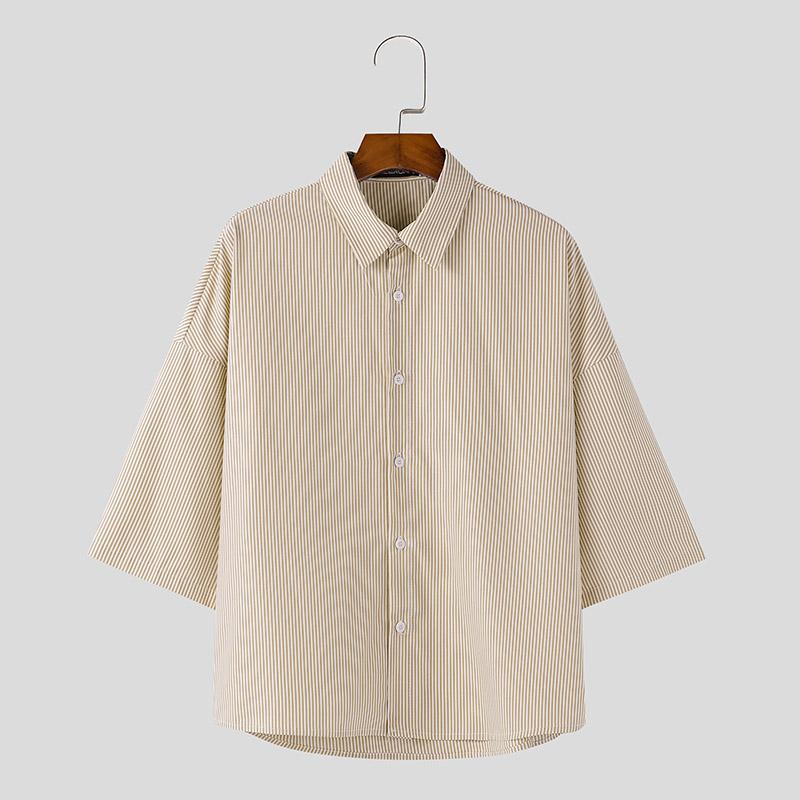 

INCERUN Oversized Summer Men Turn-down Collar Half Sleeve Striped Casual Shirts хаки