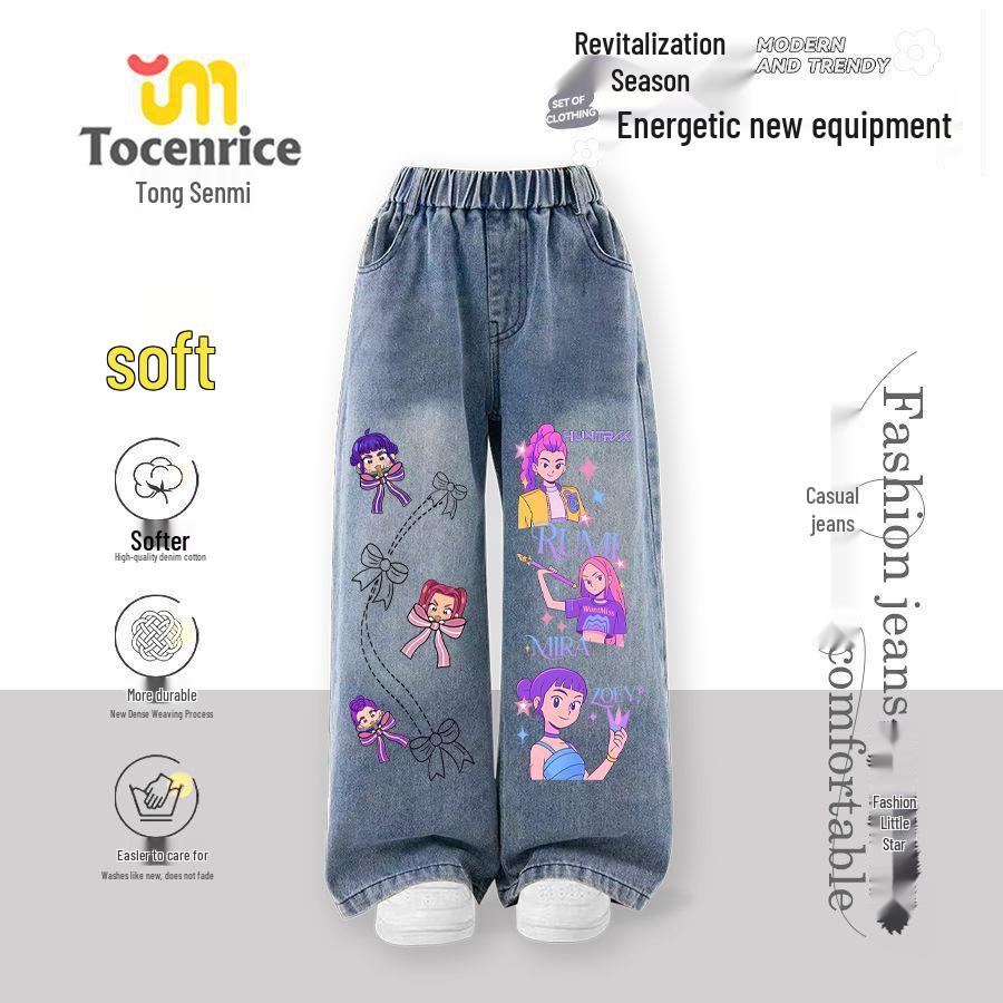 2025 Autumn/Winter Kpop Monster Hunter Girls  Fleece-Lined Wide-Leg Jeans 130