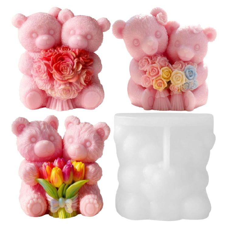 Professional Adorable Reusable Silicone Candle Mold Set With Realistic Bear Couple Design Perfect For Experts and Beginner
