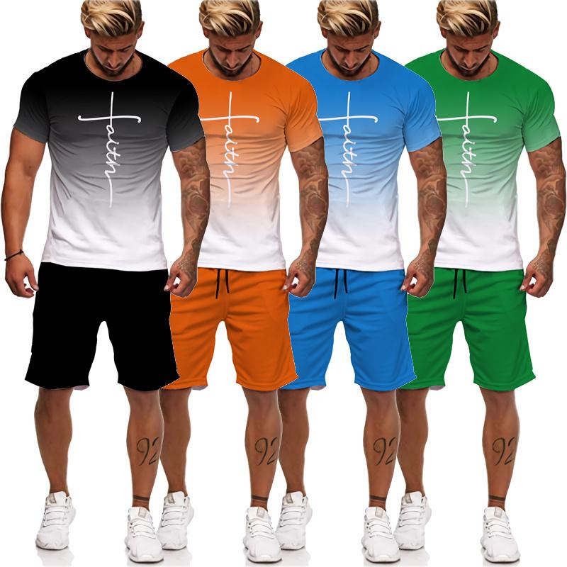 

Summer Faith Print Men s Tees/Shorts/Sets Fashion Gradient Graphic T-Shirt Pants Suit Couple Outfits Hip Hop Streetwear Clothing S