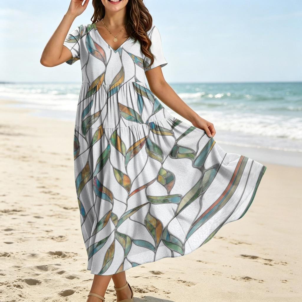 Women Bohemian Style Loose Fit Floral Print V Neck Short Sleeve Casual Dress with Relaxed for Summer Wear