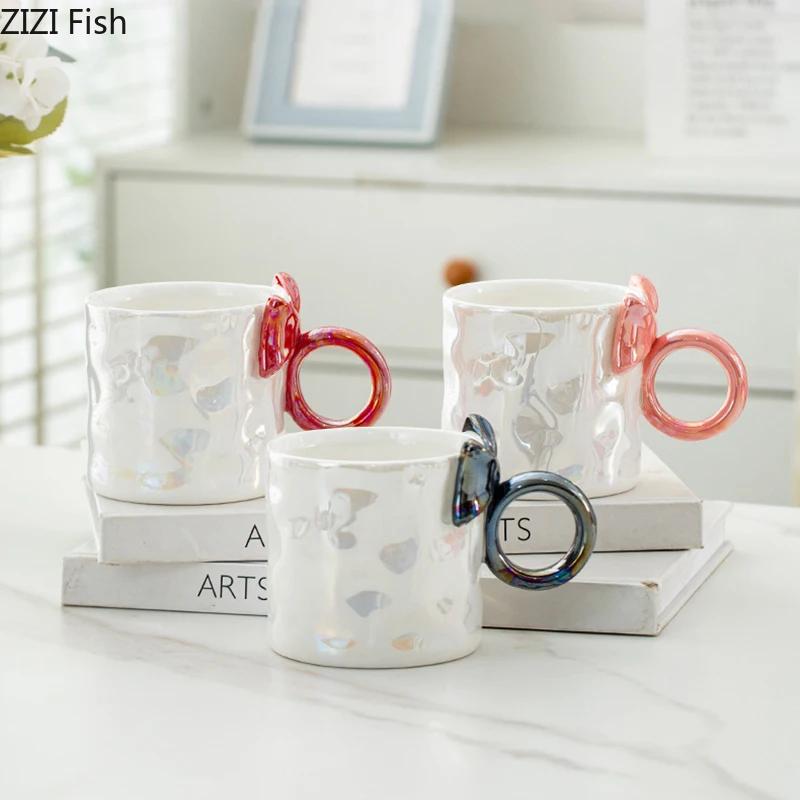 Pearl Color Glazed Porcelain Cup Lovely Bowknot Decor Coffee Mug Dining Table Milk Mugs Afternoon Tea Teacup Fruits Juice Cup