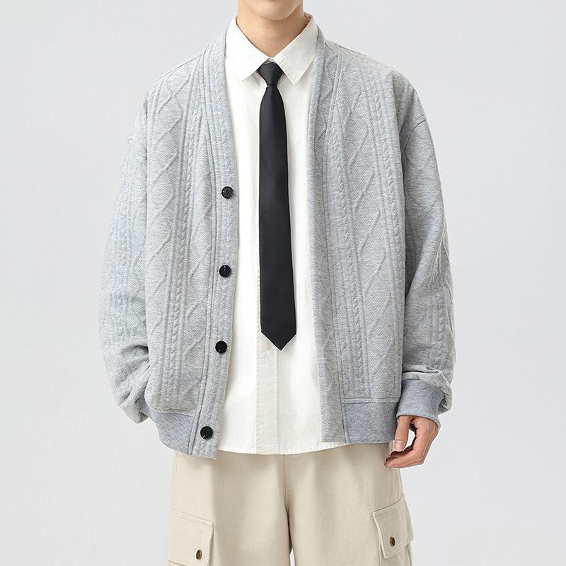 Plus Size Cable Knit Cardigan Men V-Neck Diamond Pattern Sweater Oversized Autumn Winter Knit Sweater Loose Fit Cardigans XS