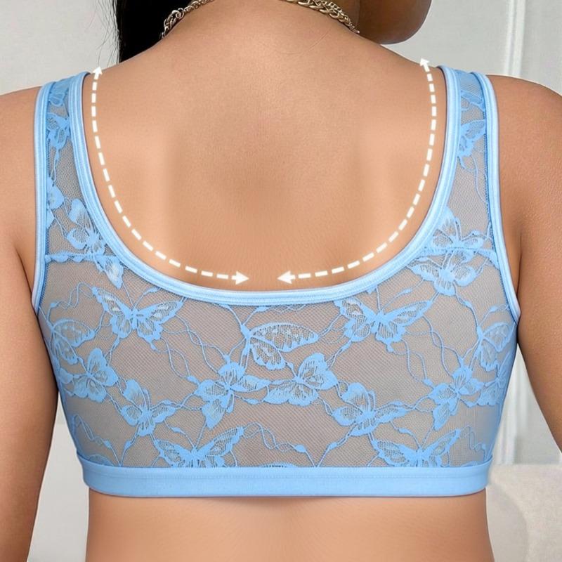 Plus Size Wireless Front Closure Bra for Women Floral Lace Adjustable Breathable Cutout Back Comfort Tank Intimates