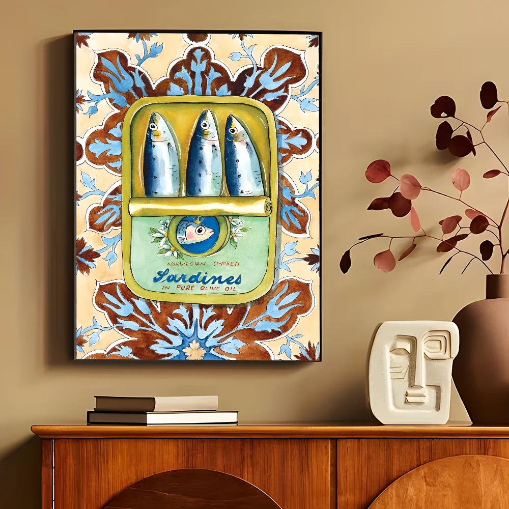 Kolorowe Sardynki Homary Zwierzęta Morskie Druki na Płótnie Retro Niebieska Ryba Plakaty Wall Art do Nowoczesnego Salonu Baru Dekoracja Domu