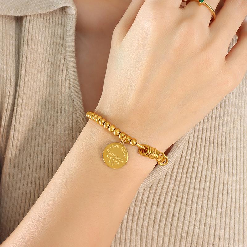 European-Inspired Niche Design Titanium Steel Bead Elastic Bracelet, Plated with 18K Gold, Model E045