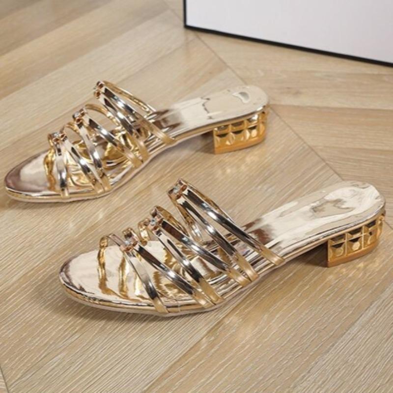 Fashion Square Heel Slippers Summer New Round Toe Open Toe Thin Strap Woven Slip-on Non-slip Wear-resistant Kitten Heel Shoes