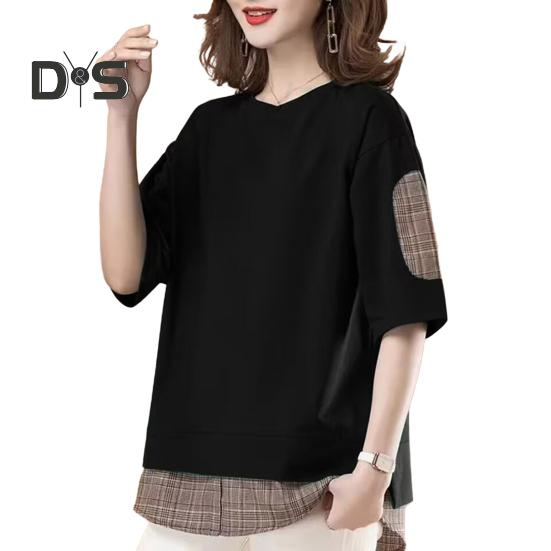 

Женские повседневные топы с круглым вырезом и коротким рукавом, поддельные две части, футболка, стандартный крой, летние топы, повседневная одежда 2XL чёрный