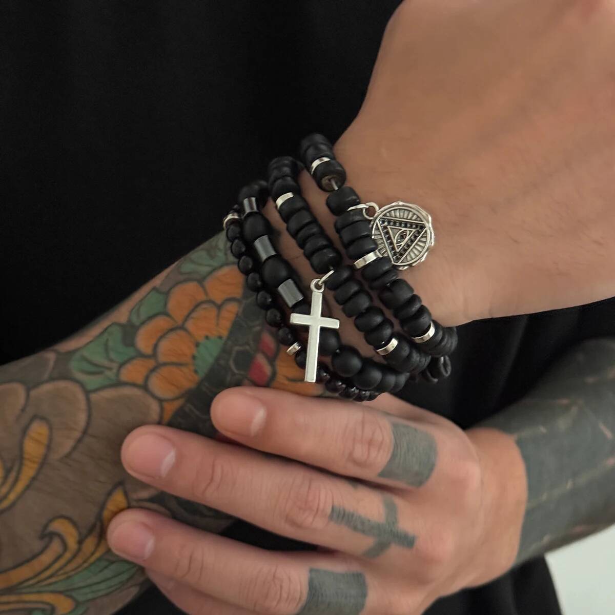 Salircon 4 шт./комплект Винтажный Черный Матовый Акриловый Камень Вулканический Камень Бусины Браслет Мужской Эластичный Браслет для Пары Ювелирный Подарок чёрный