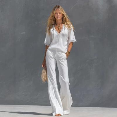 Damen V-Ausschnitt Dreiviertelärm Locker Spitze Baumwolle Oberteil Hohe Taille Weiter Bein Hose Einfarbig Sommer Strand Zweiteiliges Outfit