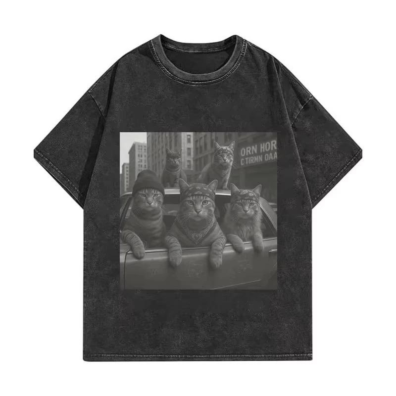 Retro Acid Washed Oversized Streetwear Graphic T-Shirt Featuring Anthropomorphic Gangster Mob Cats In Urban Retro Crime Car Scene
