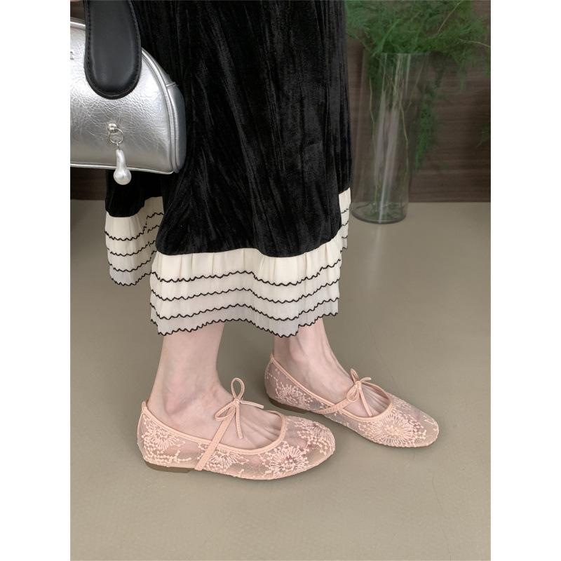 Gentle evening breeze bow ballet shoes girl 2025 new fairy hollow mesh lace embroidered shoes single shoes