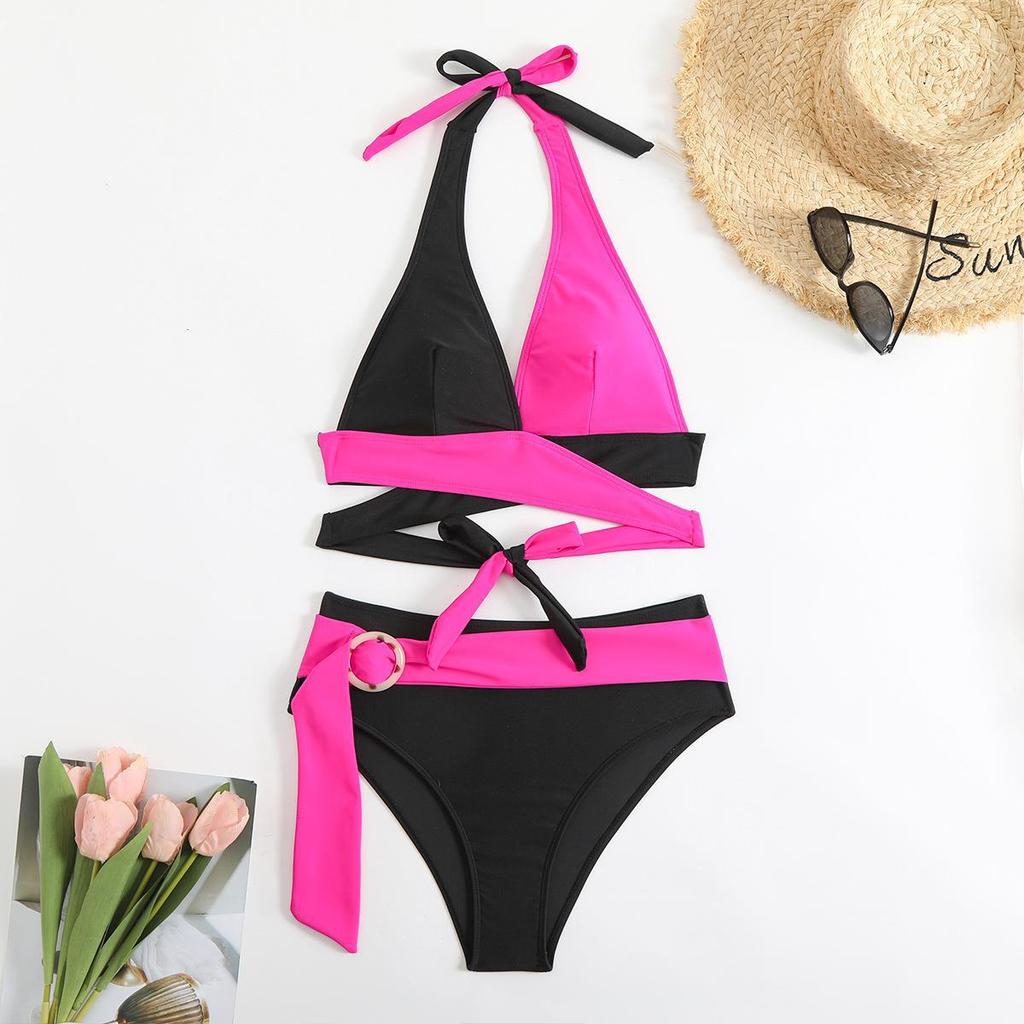 2025 Sexy Color Block Deep V Lace-Up Two-Piece Swimsuit