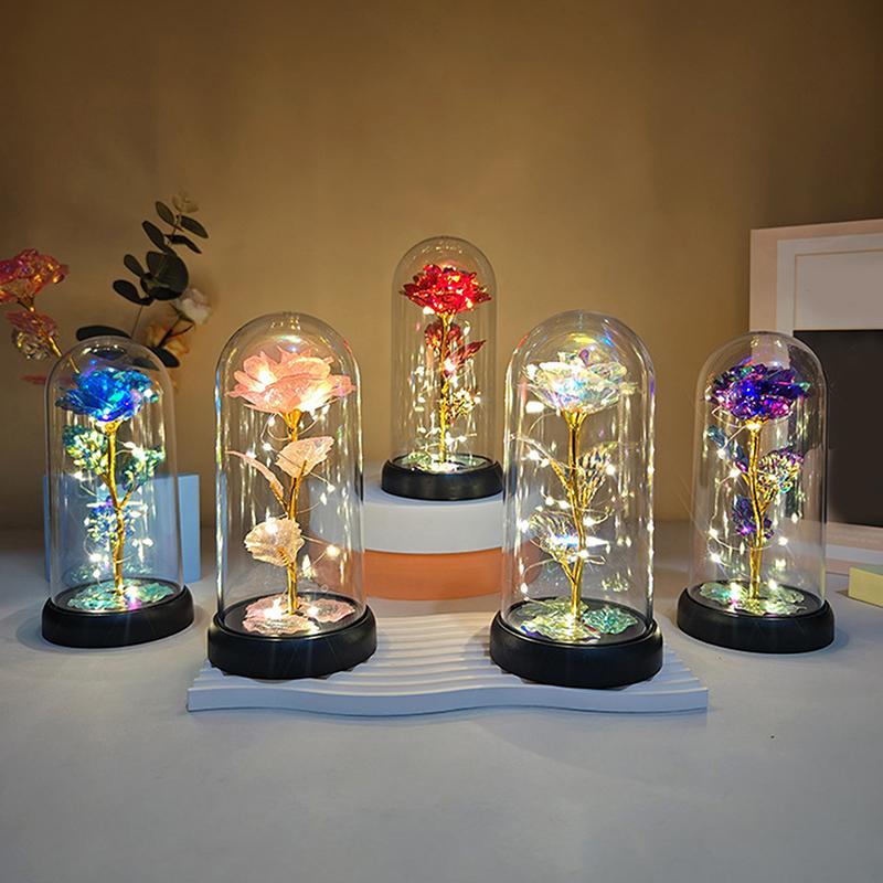 1 Set Light Up Wedding Galaxy Rose Decor Artificial Flowers LED Red Rose Valentine's Day Gift Rose In Acrylic Cover Stand