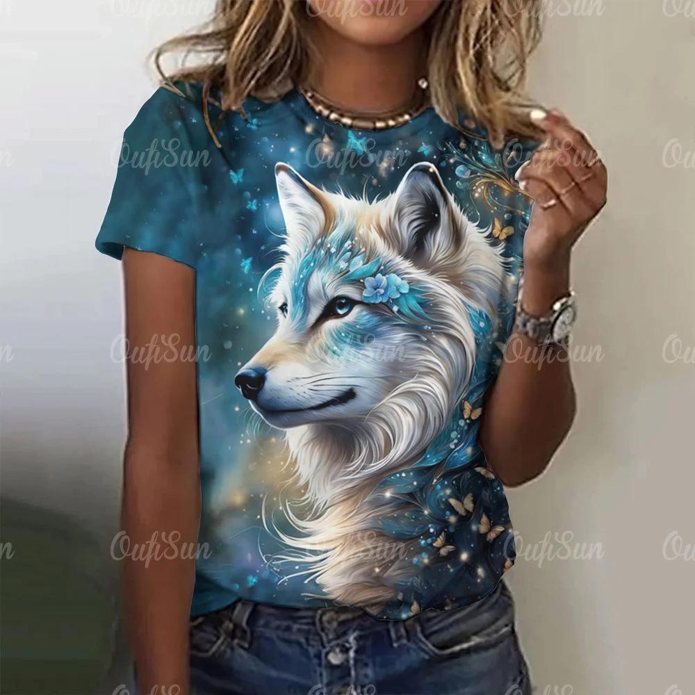 Women's Wolf Print Round Neck T-shirt Short Sleeved Shirt Fashionable Women's Animal Pattern Top 3D Digital Printing 3221