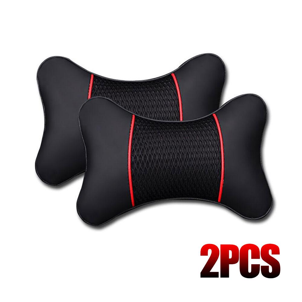 2Pcs Car PU Leather Knitted Pillows Headrest Neck Rest Cushion Support Seat Accessories Auto Safety Pillow Universal Decoration