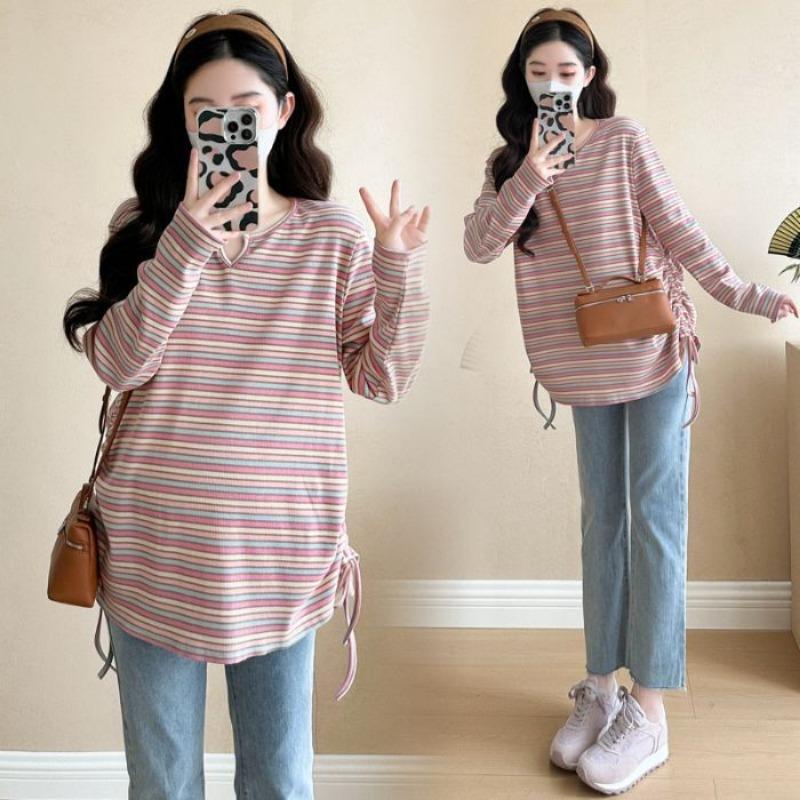 

Spring and Autumn Large Size Fat mm Striped Long Sleeve Shirt Women s Maternity Clothing Loose Fashion Skinny Casual Maternity Top M recommends 85-52.5 kg розовый