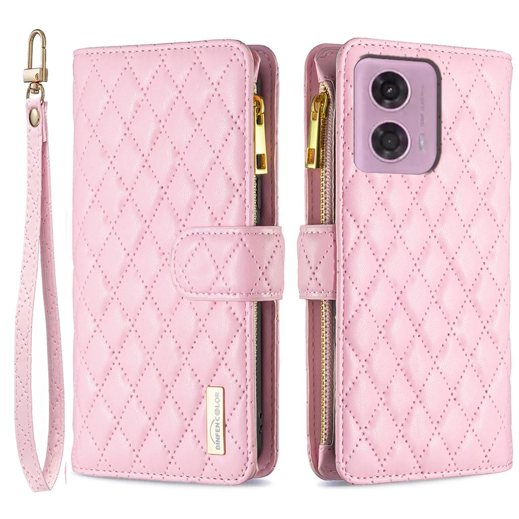BINFEN COLOR BF Style-15 For Motorola Moto G45 5G/G34 5G Wallet Phone Case Grid Imprinted Cover Zipper Pocket