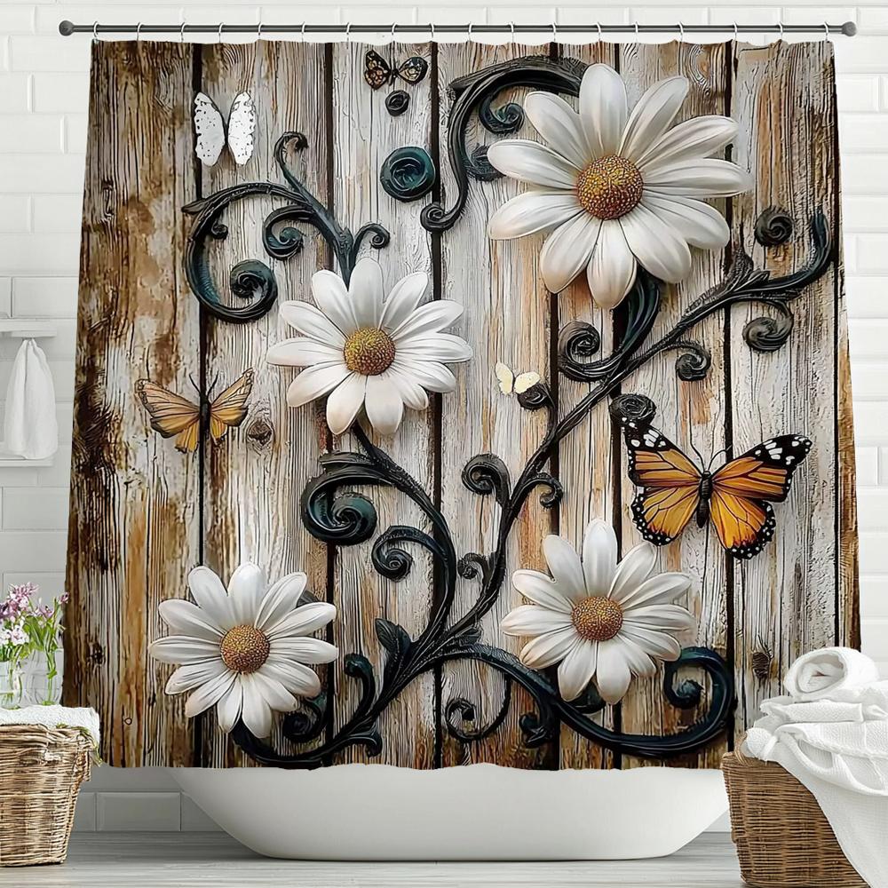 Flowers And Butterflies On Retro Wooden Boards Shower Curtain, Bathroom Shower Curtain, Waterproof Shower Curtain With Hooks