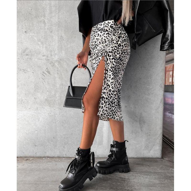 European Station Leopard Print Sexy Slit Shoelace Skirt