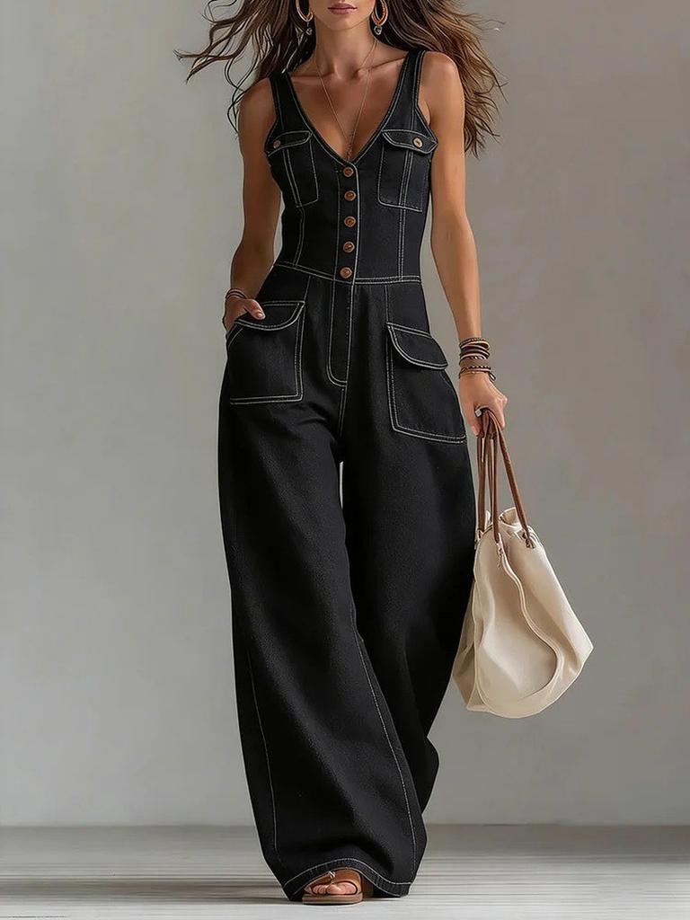 High-Waisted Wash Denim Jumpsuit Wide Leg Loose Sleeveless Strap Jumpsuit Pants