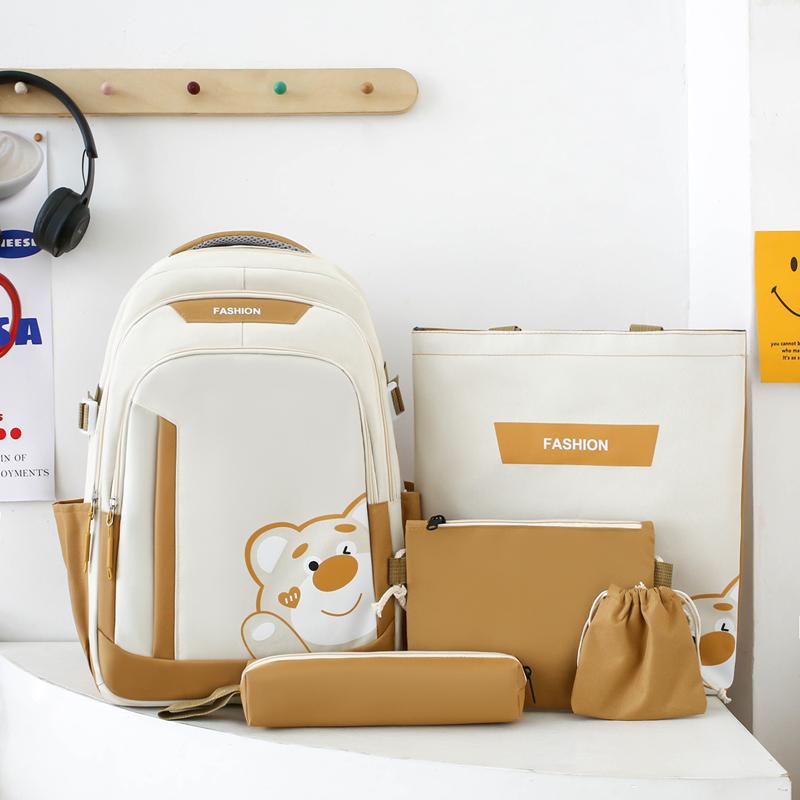 Five-Piece Backpack Set Women's Bear Printed Backpack Student Color Contrast Schoolbag