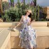 French Vacation Style Iris Mist Blue Neck Chiffon Cake Long Dress Women's V-neck Dress