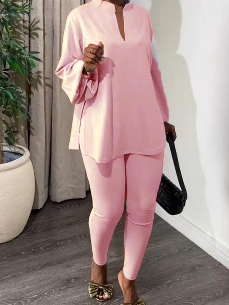 Knitted Set Trousers New Solid Color Multi-Color Pleated V-Neck Top Skinny Pants Fashion Temperament Two-Piece Outfit