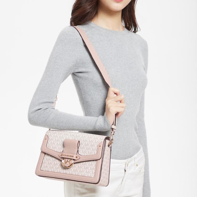 Michael Kors MK Jessie Monogram Color Block Flap Commuter Messenger Bag Women Shoulder Bag Vanilla-White Pink 30F9GI6L2B-173