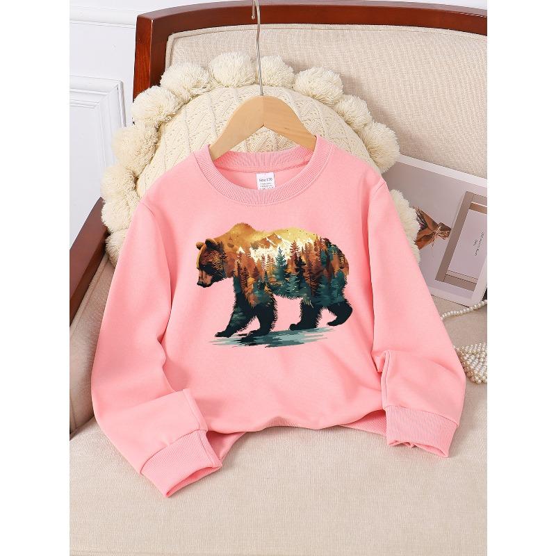 European Sizes Stylish Sweatshirt for Girls with Bear, Forest, Mountain & Nature Scene, Western Long-Sleeved Top for Young Girls