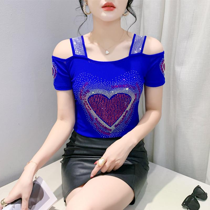 

Новая летняя женская футболка с короткими рукавами Элегантная приталенная блестящая с сердечком из бриллиантов Сетчатые топы Шикарная девичья сексуальная футболка с открытыми плечами 3XL синий
